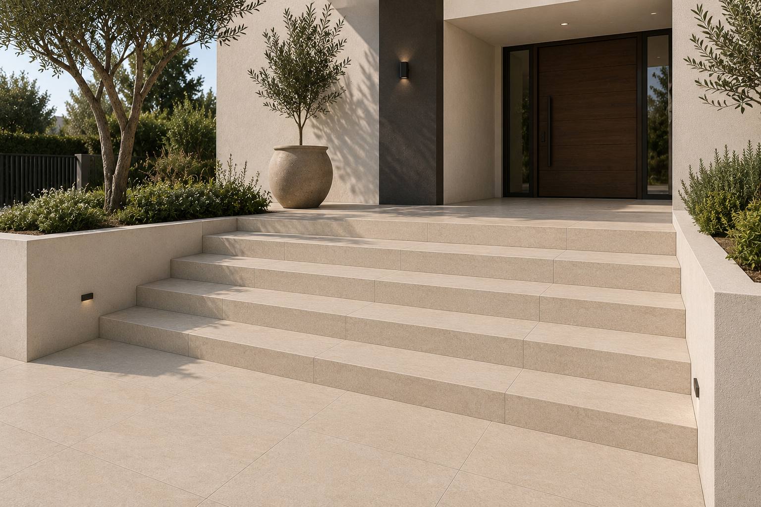 Escalera exterior revestida con porcelánico antideslizante