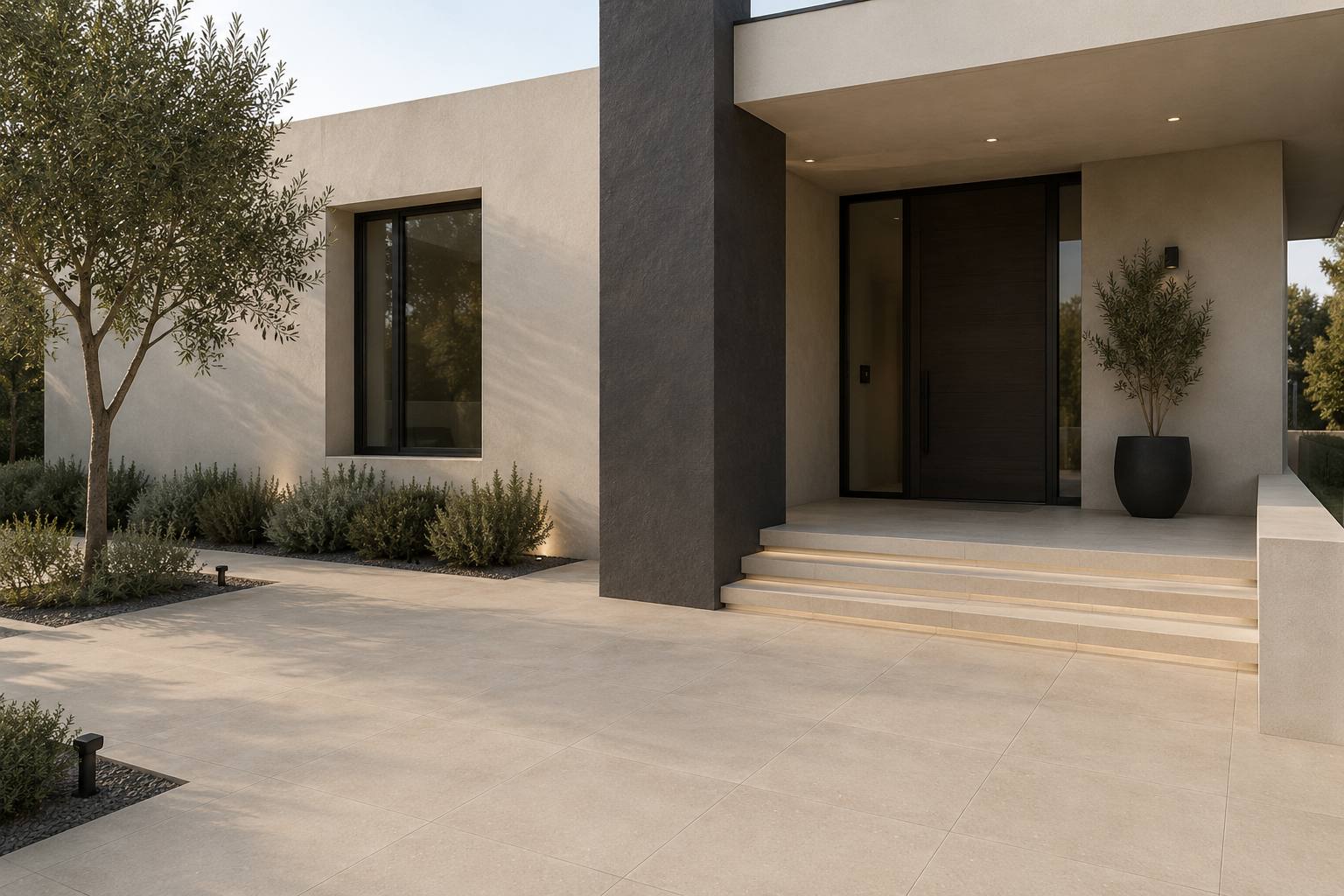 Fachada contemporánea revestida con porcelánico