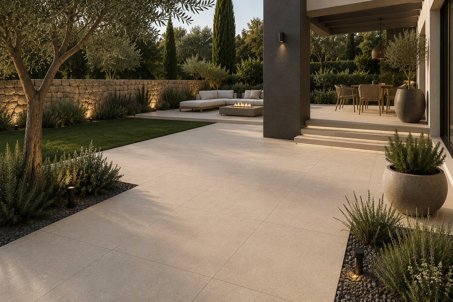 Jardín contemporáneo con caminos de porcelánico