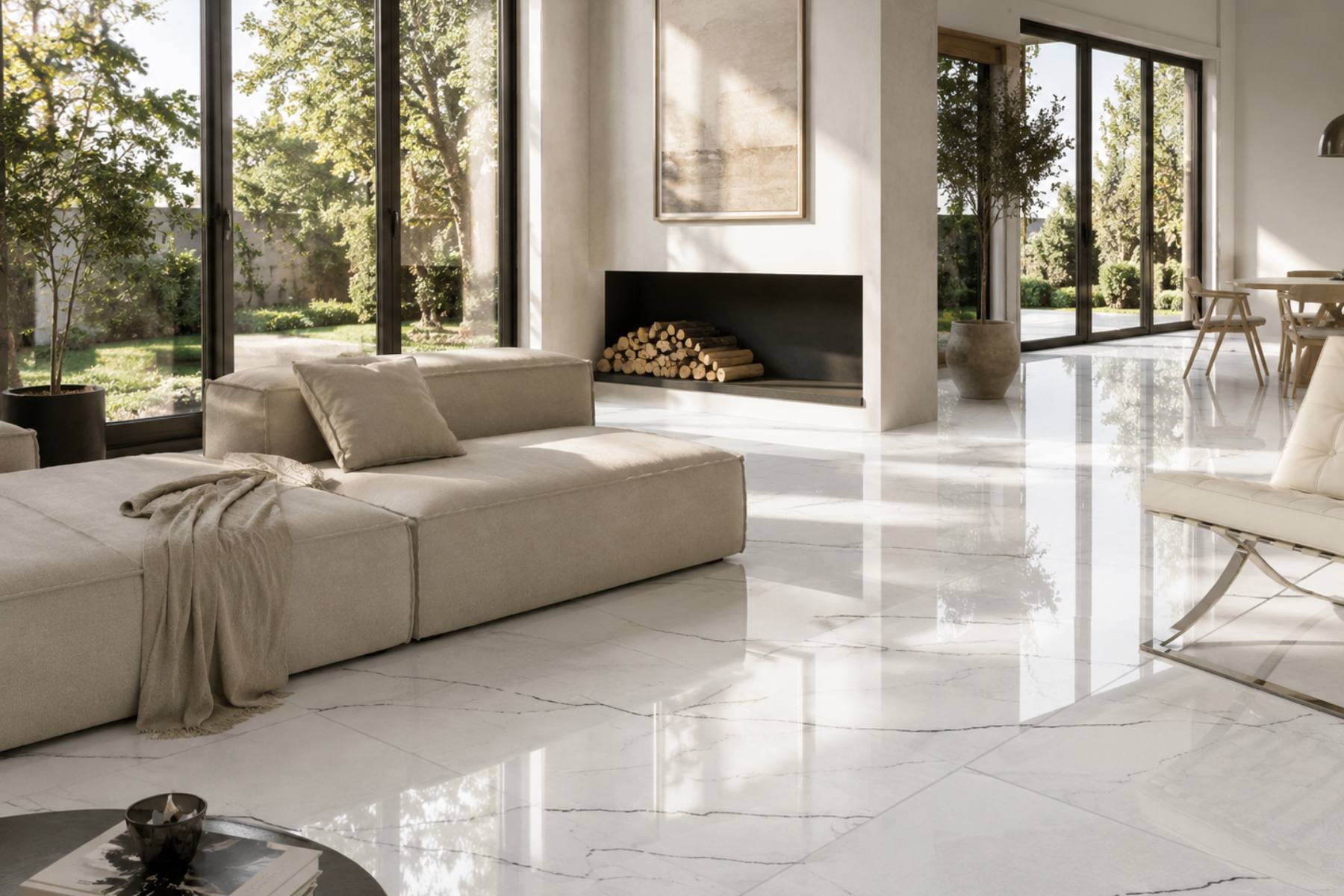 Salón moderno con suelo porcelánico pulido