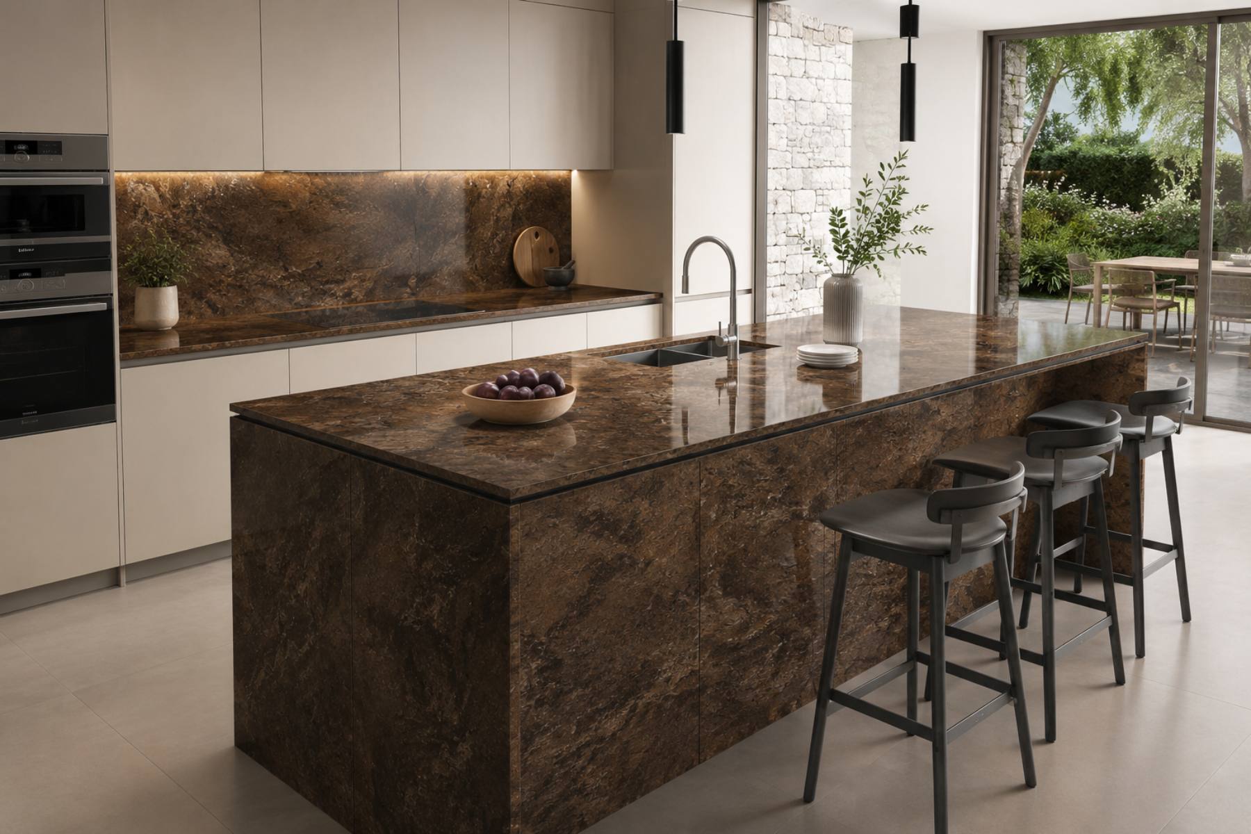 Baño elegante revestido con porcelánico efecto piedra