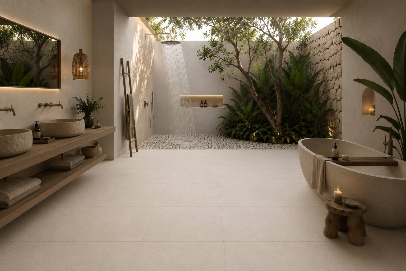 Baño revestido con porcelánico efecto piedra
