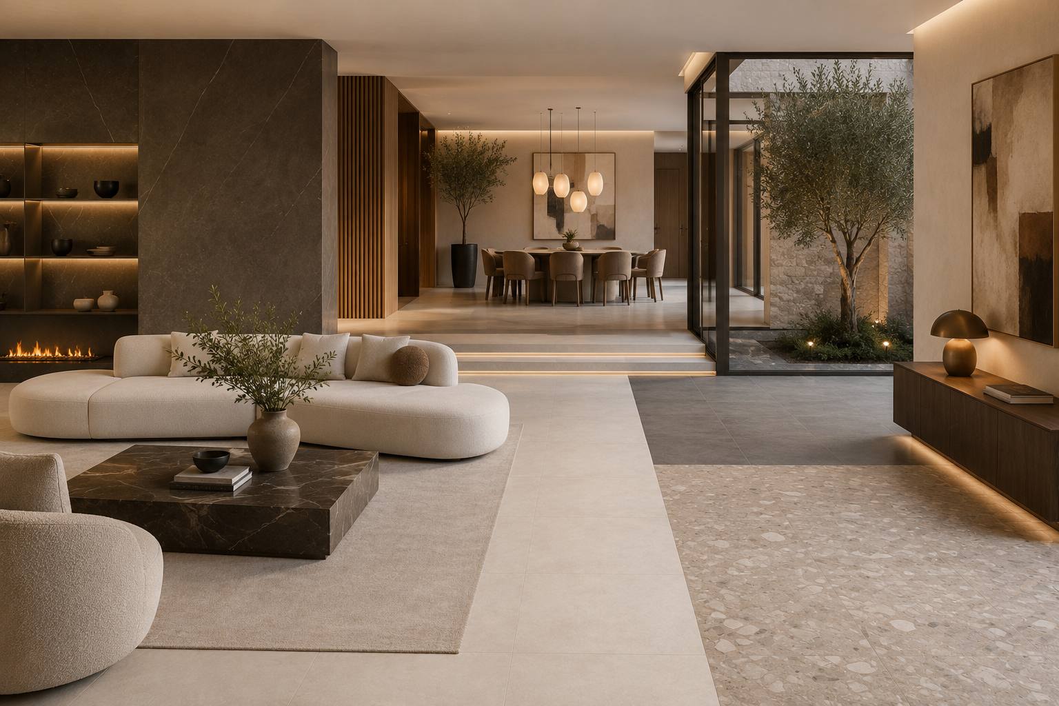 Salón contemporáneo revestido con porcelánico