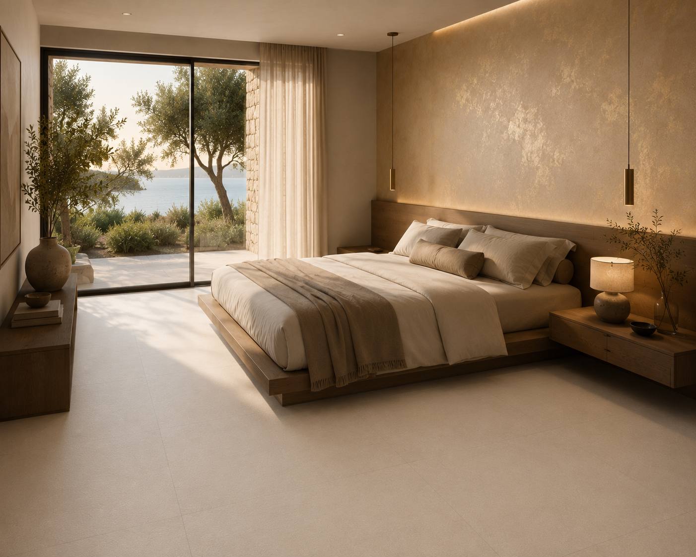Dormitorio contemporáneo con suelo porcelánico